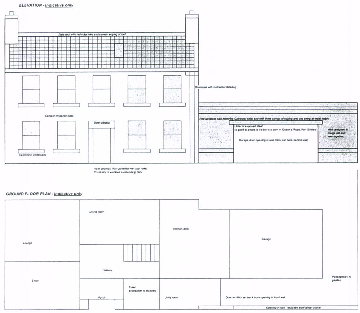 The image displays architectural drawings for a proposed dwelling, featuring a front elevation view at the top and a detailed ground floor plan at the bottom.