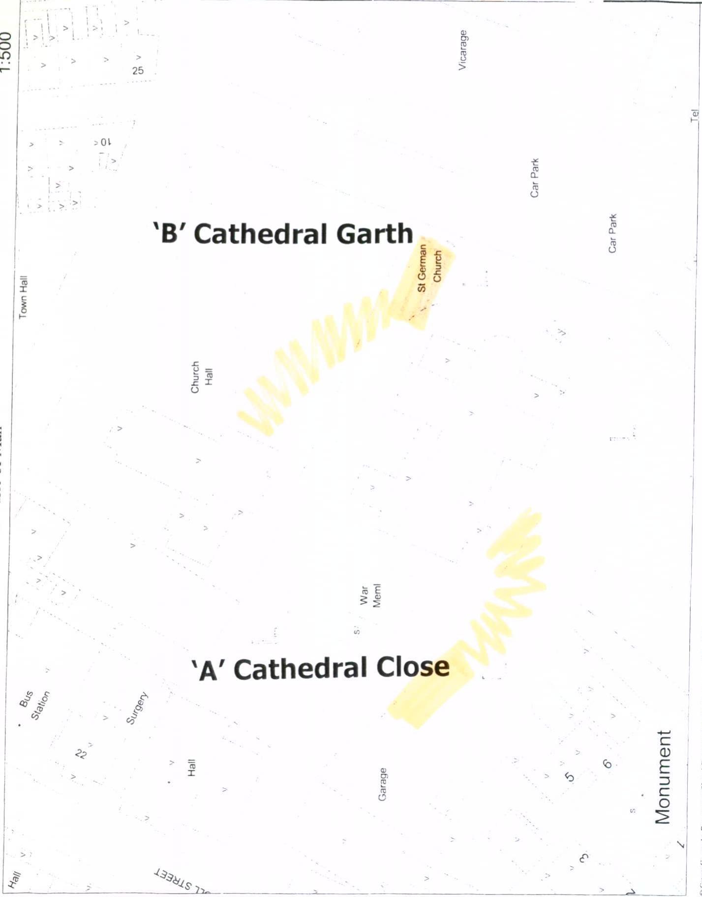 A 1:500 scale site location map showing the area around Cathedral Garth and Cathedral Close, with surrounding landmarks like St German Church and the Town Hall visible and specific plots highlighted in yellow.