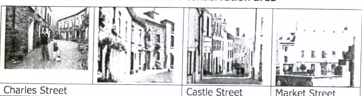 A composite image displaying four black and white photographs of street scenes labeled Charles Street, Castle Street, and Market Street within a conservation area.