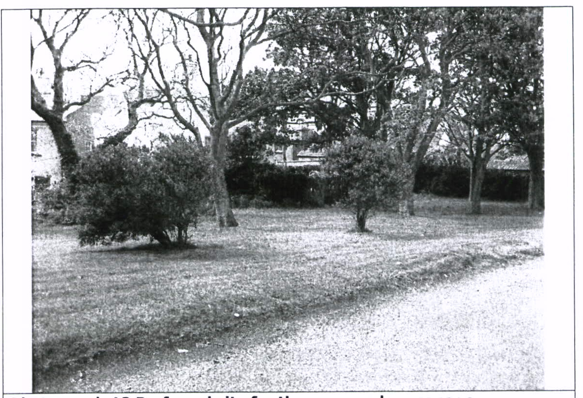 A black and white photograph showing a grassy garden area with mature trees and a gravel path, with buildings visible in the background.