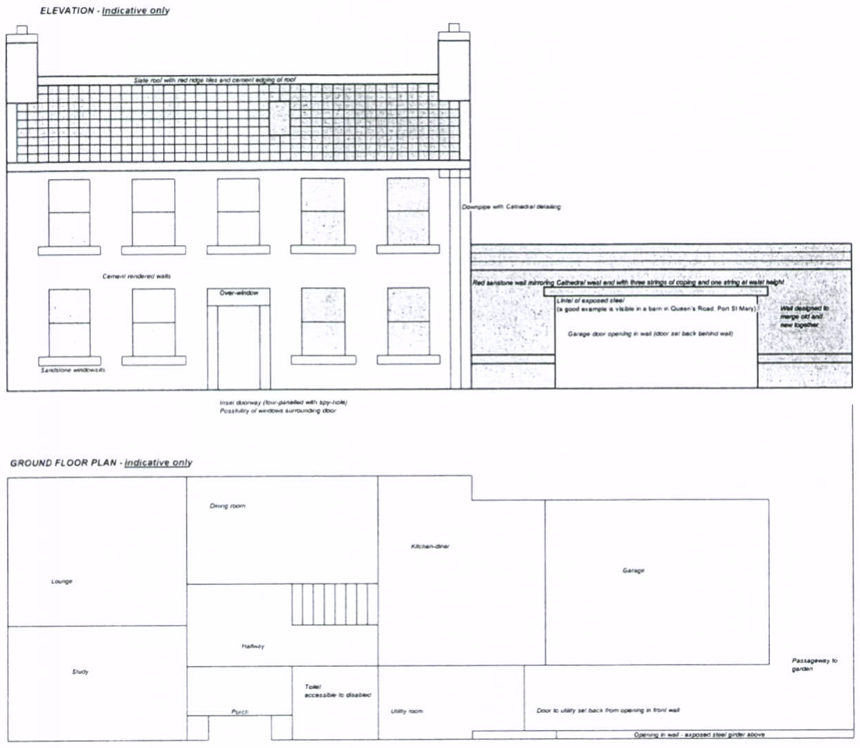 The image displays architectural drawings including an elevation view and a ground floor plan for a proposed dwelling.