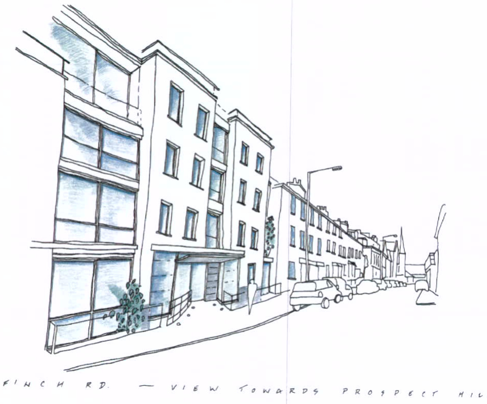 A hand-drawn architectural perspective sketch depicting a modern multi-story commercial building on a street corner with parked cars and adjacent terraced buildings.