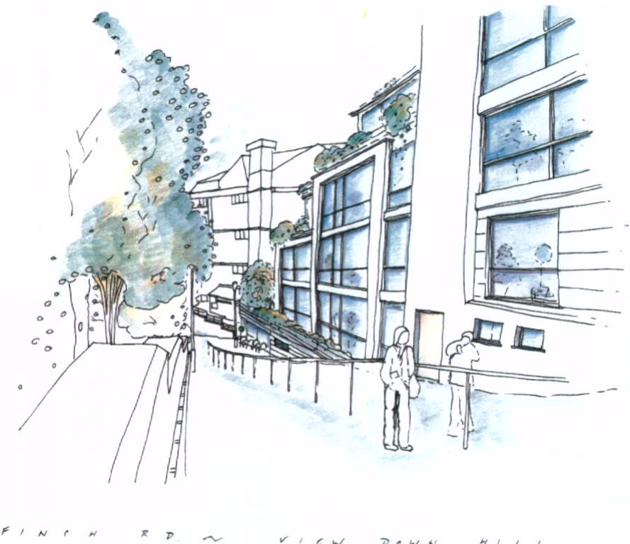 A hand-drawn architectural perspective sketch depicting a street scene with modern buildings, trees, and pedestrians.