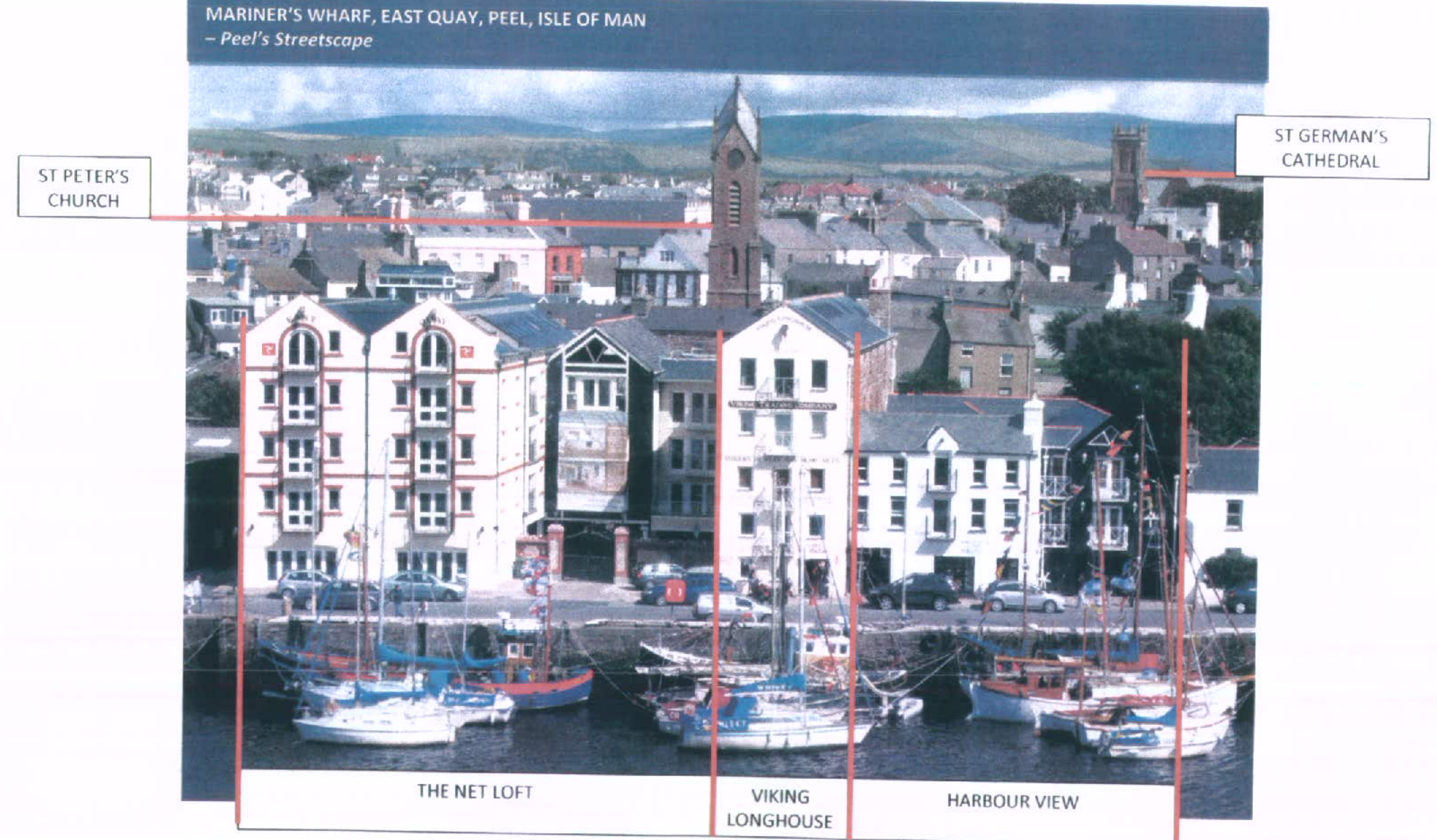 Annotated photograph showing the streetscape of Mariner's Wharf in Peel, Isle of Man, with labels pointing to landmarks like St Peter's Church and St German's Cathedral.