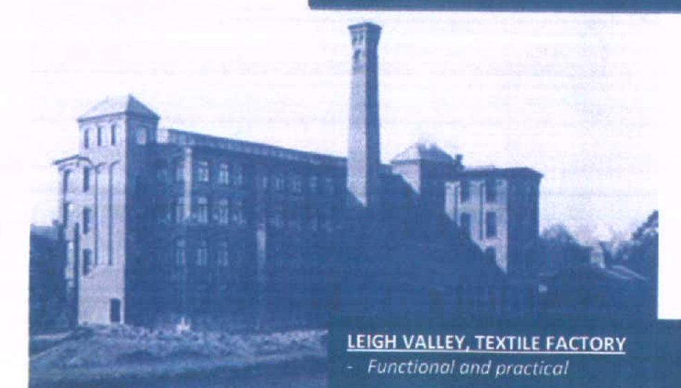 A blue-tinted image showing a large, multi-story industrial building identified as the Leigh Valley Textile Factory with a prominent chimney.