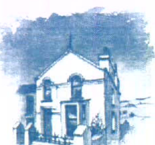 A blue-tinted sketch or drawing of a two-story building with a gable roof and chimneys, likely representing an existing property.