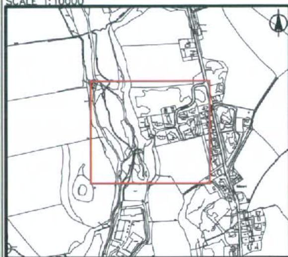 A 1:1000 scale site plan map showing the property location within a rural setting, marked by a red rectangular boundary box.