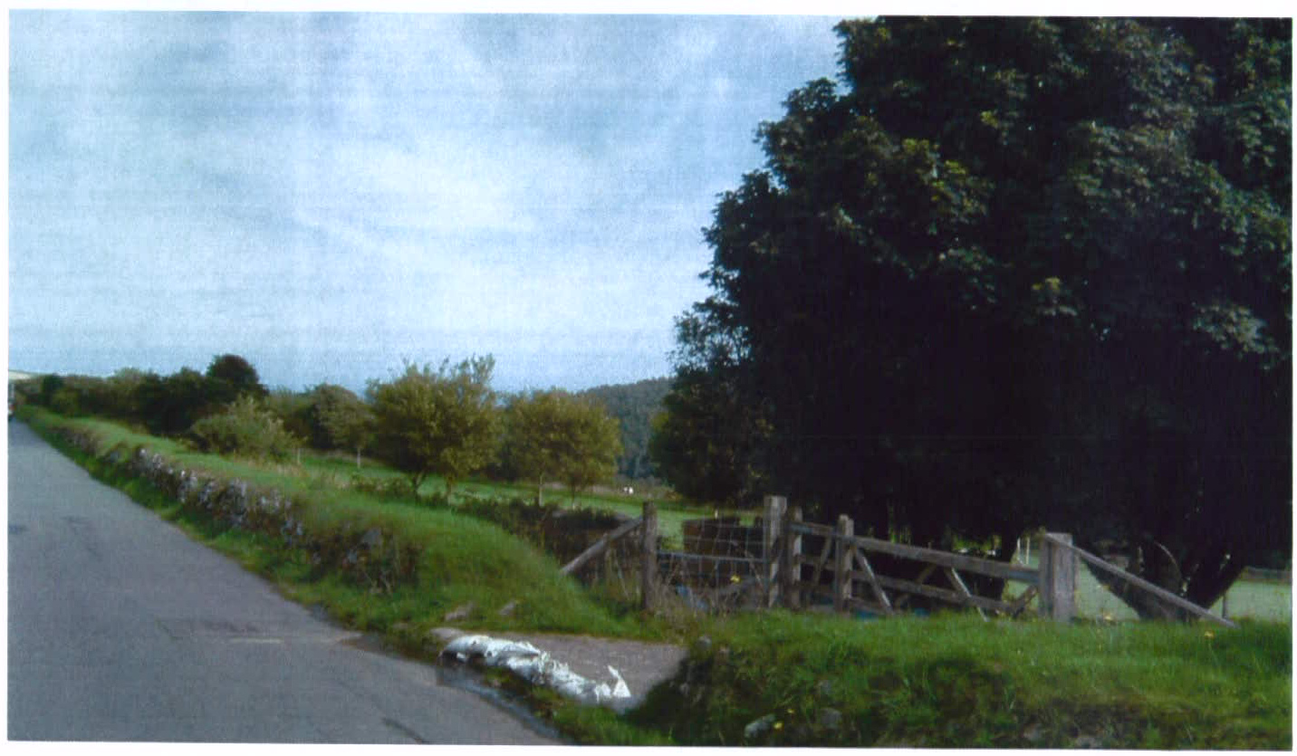 A photograph showing a rural road bordered by a stone wall and a wooden gate leading into a grassy field.