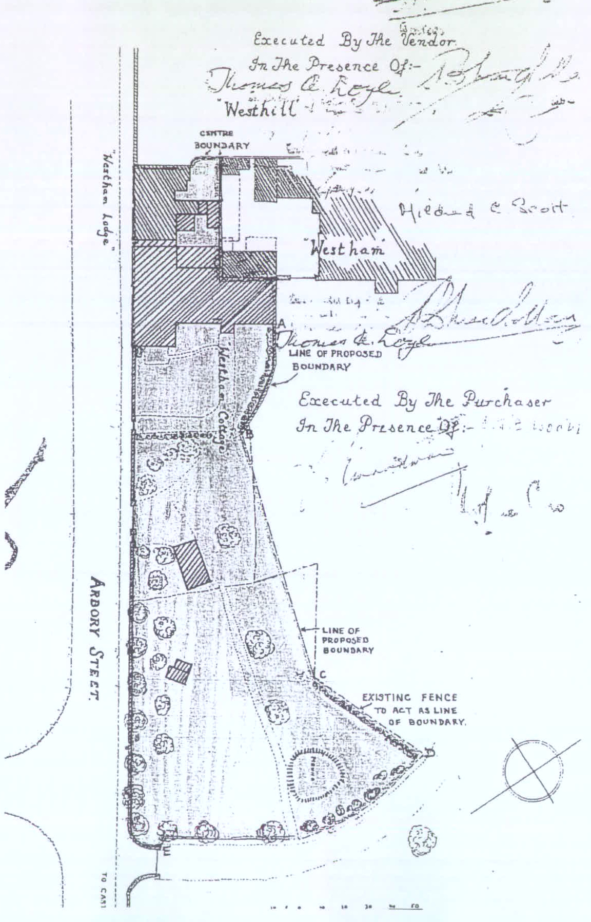 A hand-drawn site plan showing property boundaries, a house footprint labeled 'Westham', and surrounding land with trees along Arbory Street.