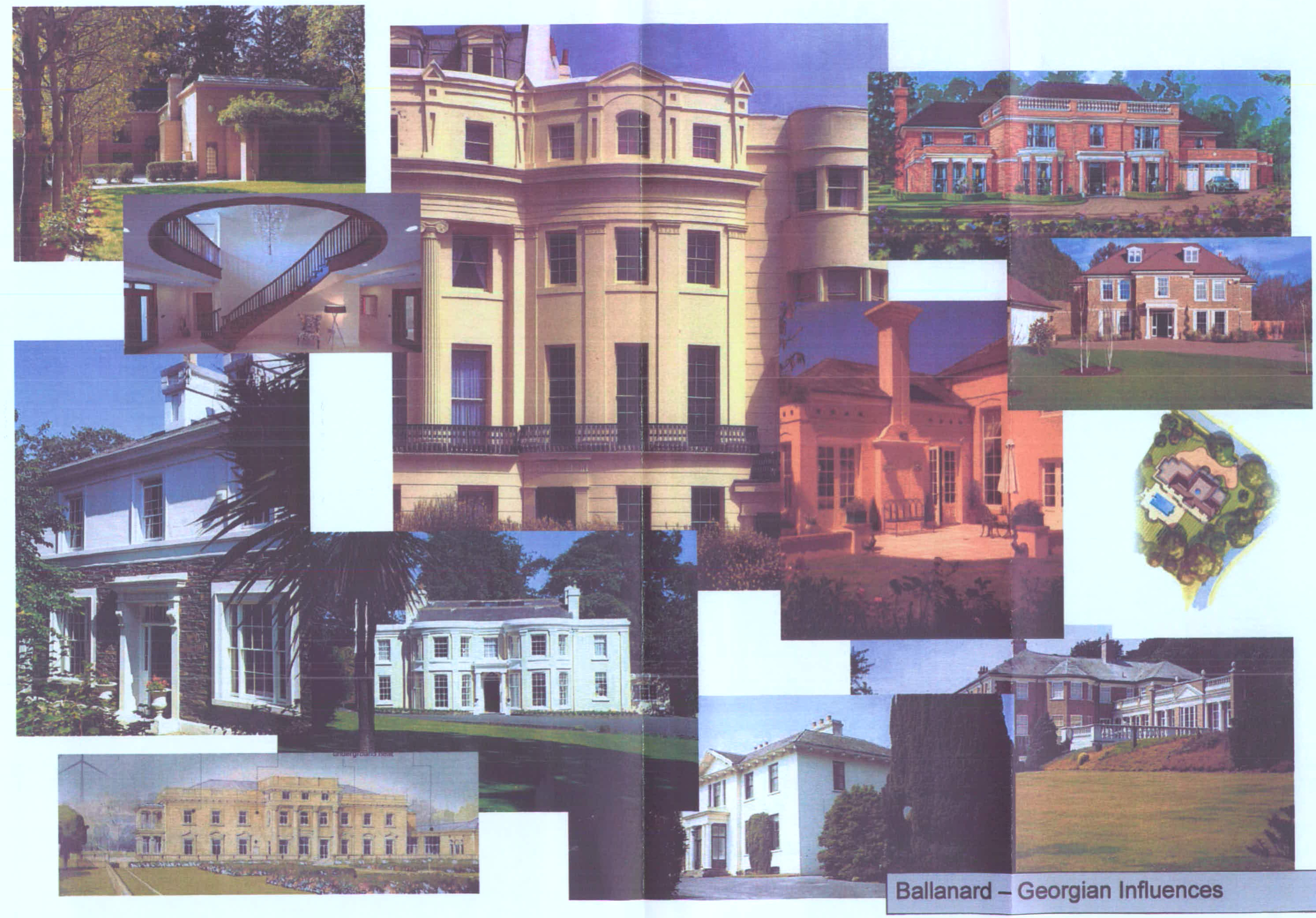 A collage of architectural photographs and renderings showcasing various large detached houses and interior features.