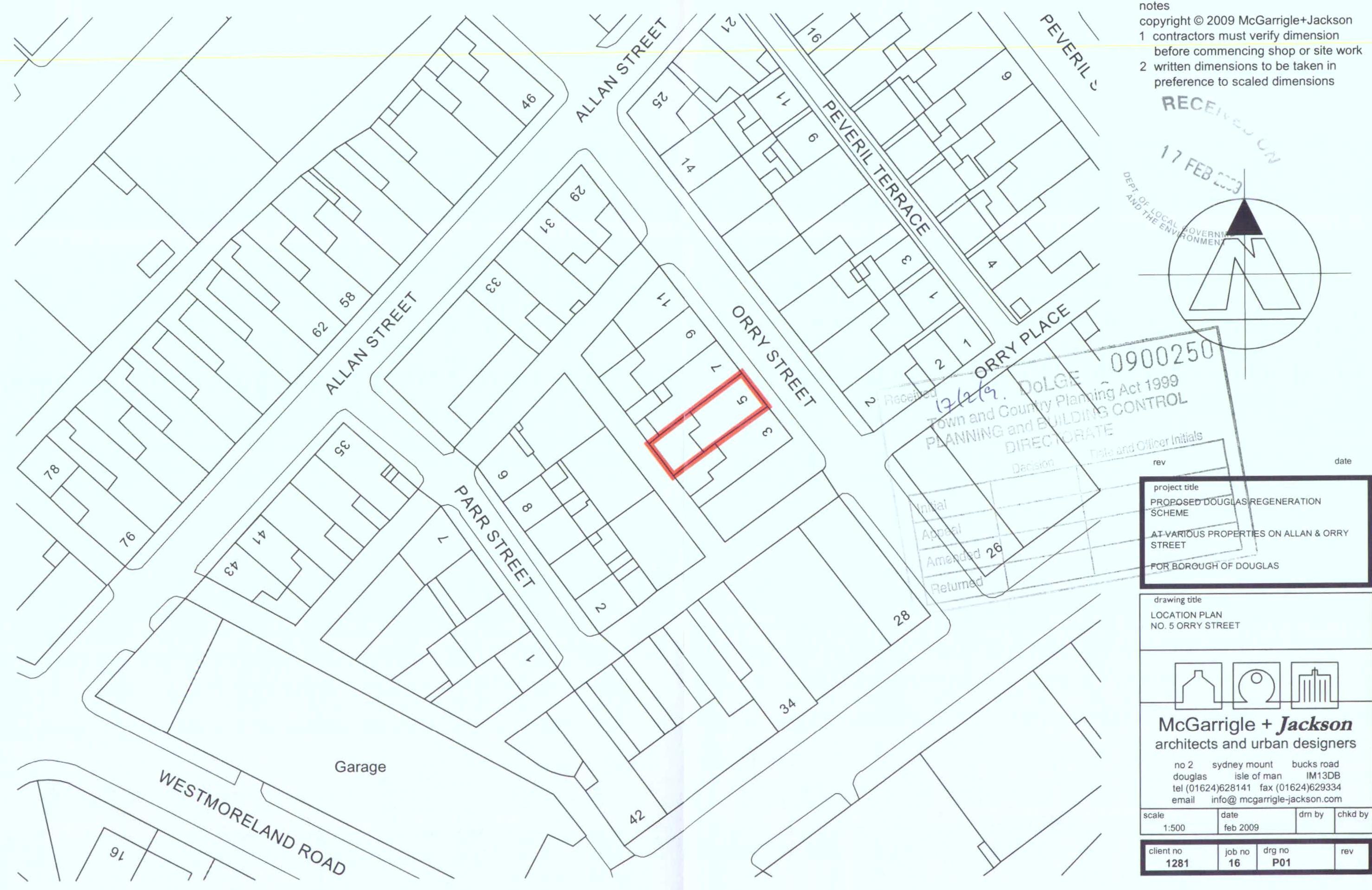 A black and white location plan showing the street layout of Allan Street, Orry Street, and Parr Street, with a red box highlighting the specific site at No. 5 Orry Street.