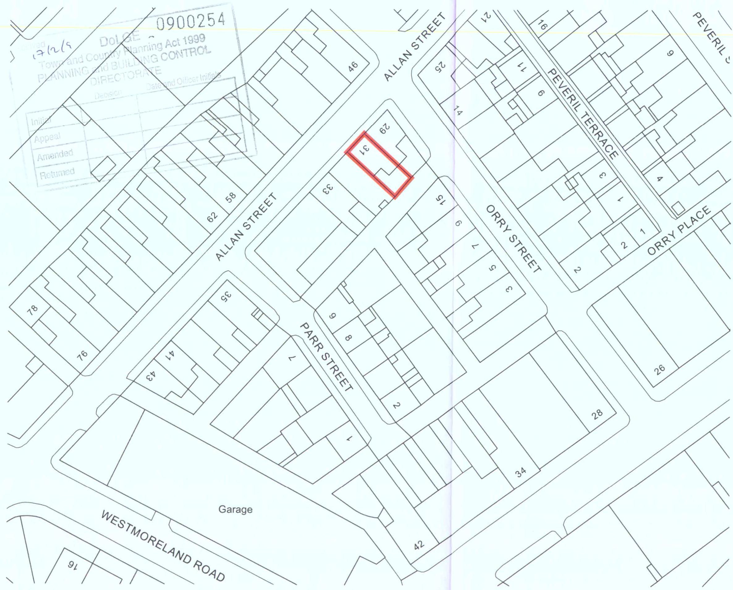 A black and white site location plan showing the application site at 18 Allan Street highlighted with a red outline.