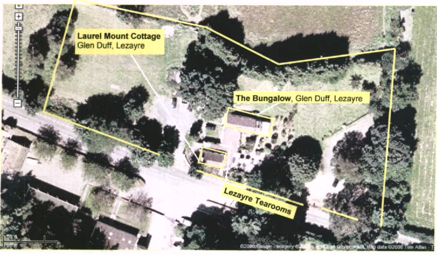 Aerial site plan showing property boundaries and surrounding buildings in Glen Duff, Lezayre.