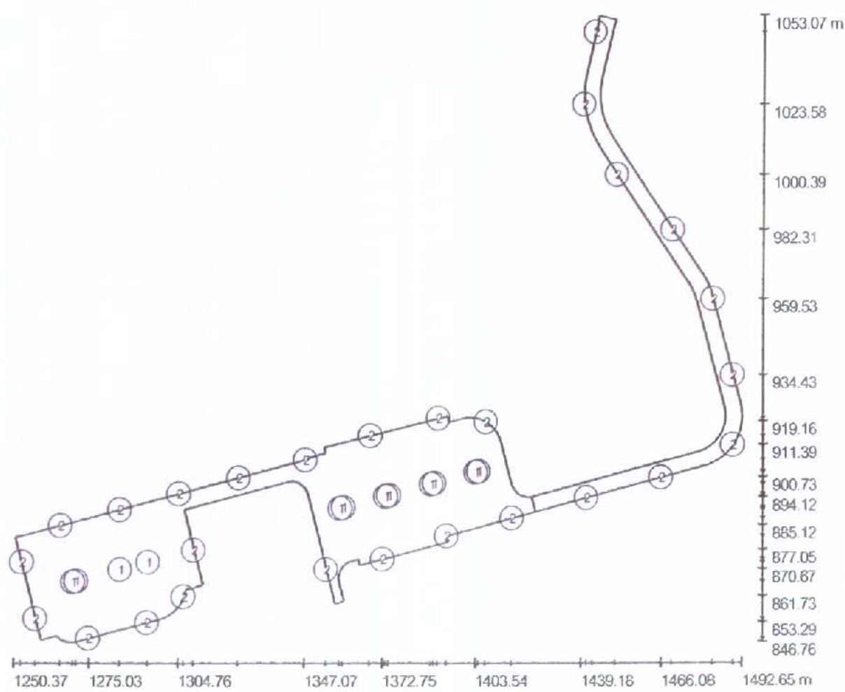 This image displays a technical cross-section or profile drawing showing ground levels and distances with numbered markers along a boundary line.