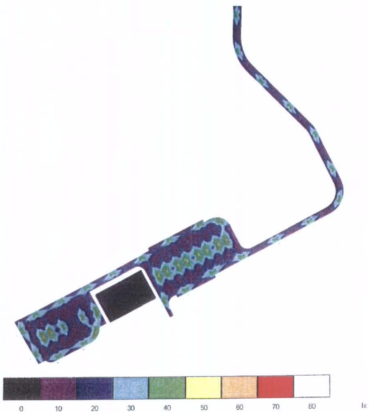 Technical lighting calculation diagram showing illuminance levels (lux) on a proposed football ground site plan with a color scale bar.