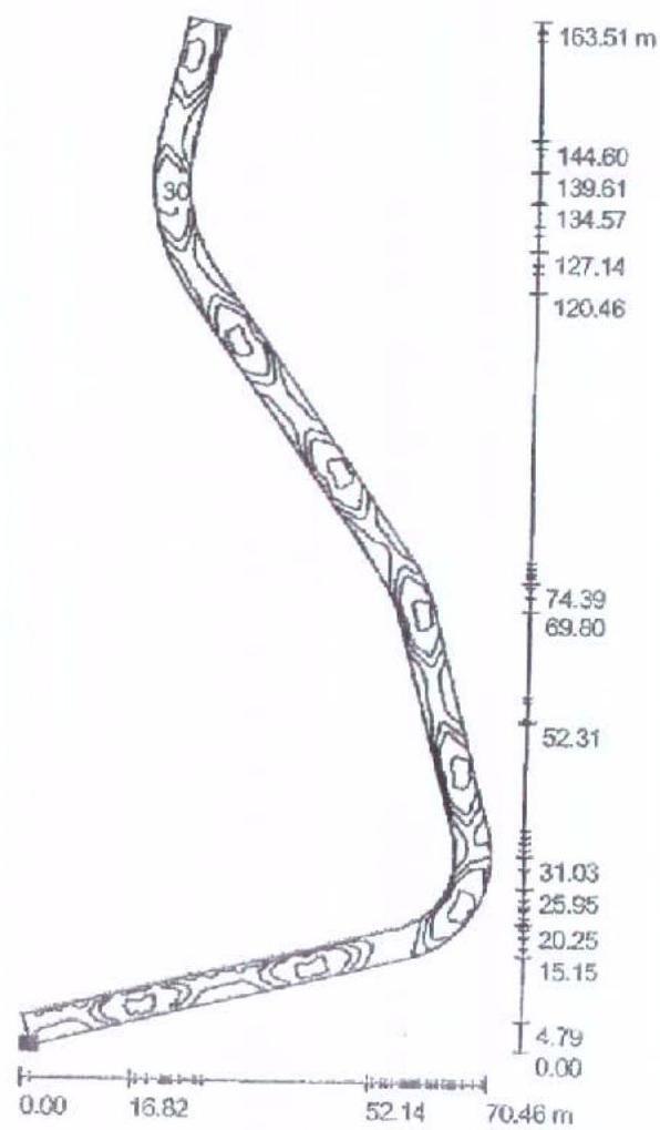A technical engineering drawing showing a longitudinal section or profile of a winding path or road with contour lines and elevation markers.