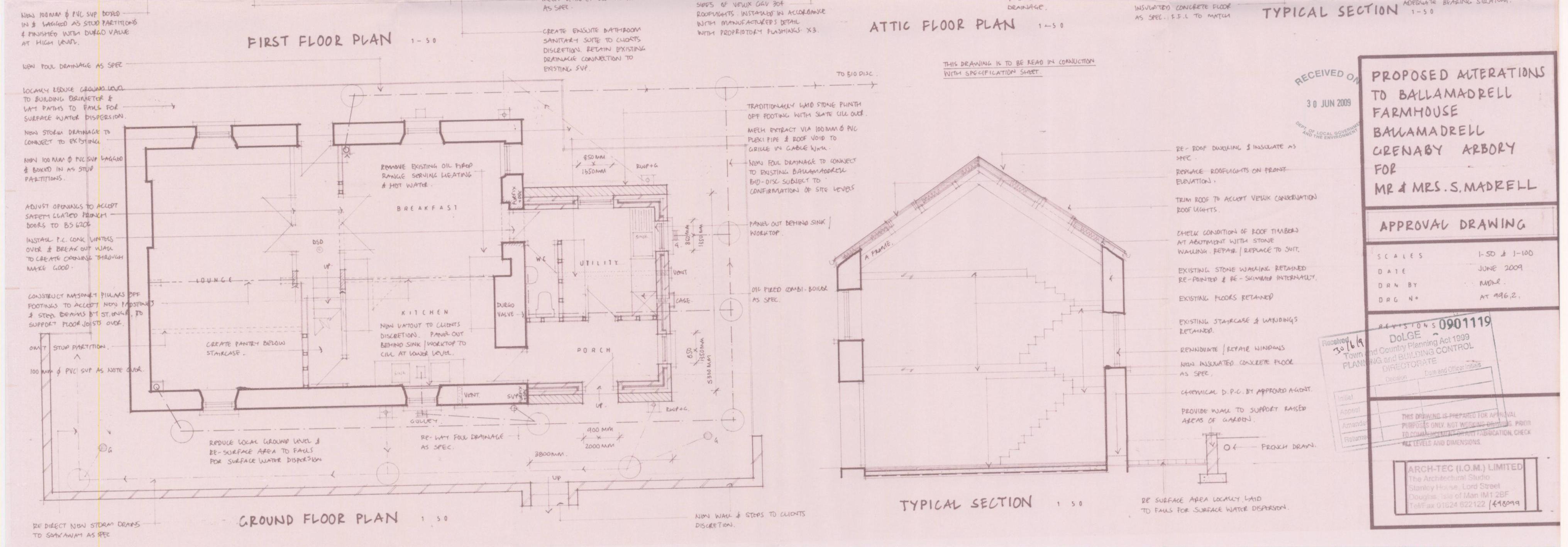 This image displays an architectural drawing sheet for proposed alterations to a farmhouse, featuring ground, first, and attic floor plans along with a typical section view.
