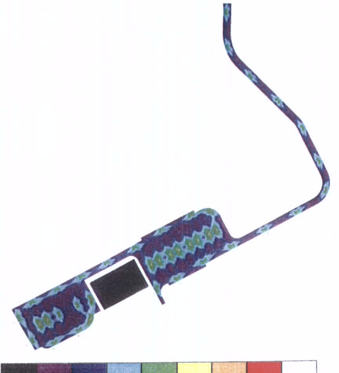 A site plan showing a long, narrow plot of land with a rectangular building footprint and a color-coded legend at the bottom.