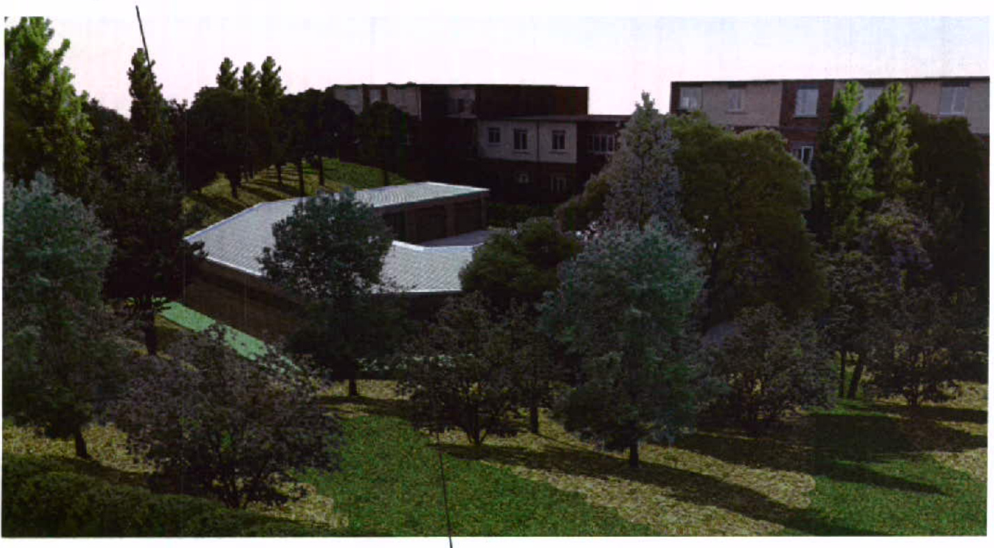 A perspective view showing a long, single-story building structure on a grassy slope, surrounded by trees, with multi-story residential buildings visible in the background.