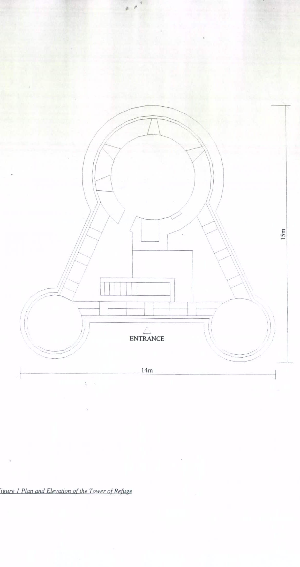 The image displays a technical architectural drawing labeled 'Figure 1 Plan and Elevation of the Tower of Refuge' showing a circular structure with two arms and dimensions of 14m by 15m.