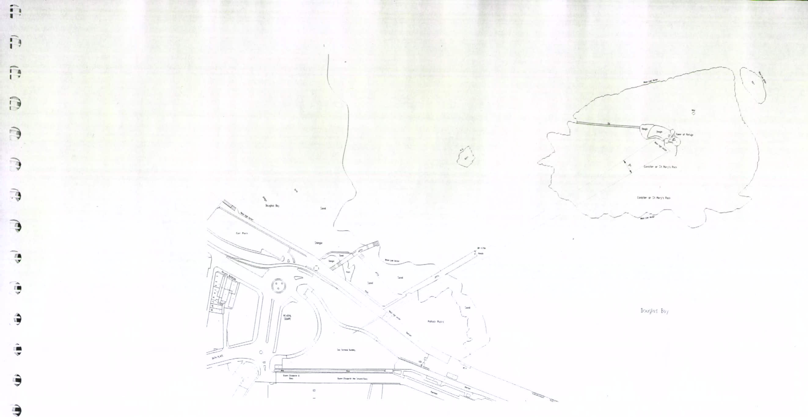 The image shows a location plan sketch featuring a road junction and surrounding buildings, along with an outline map of the Isle of Man indicating the site location near Douglas Bay.