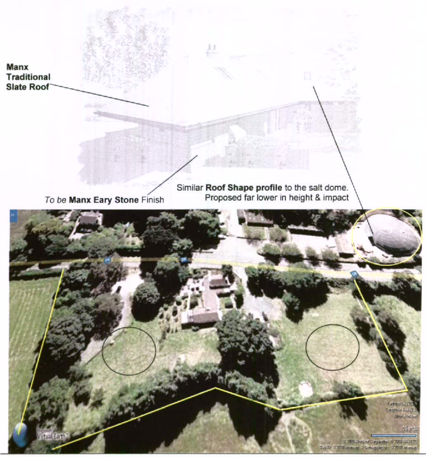 This composite image features an architectural rendering of a roof profile above an aerial photograph of the property site. The aerial view highlights the site boundary with yellow lines and marks two circular areas i...