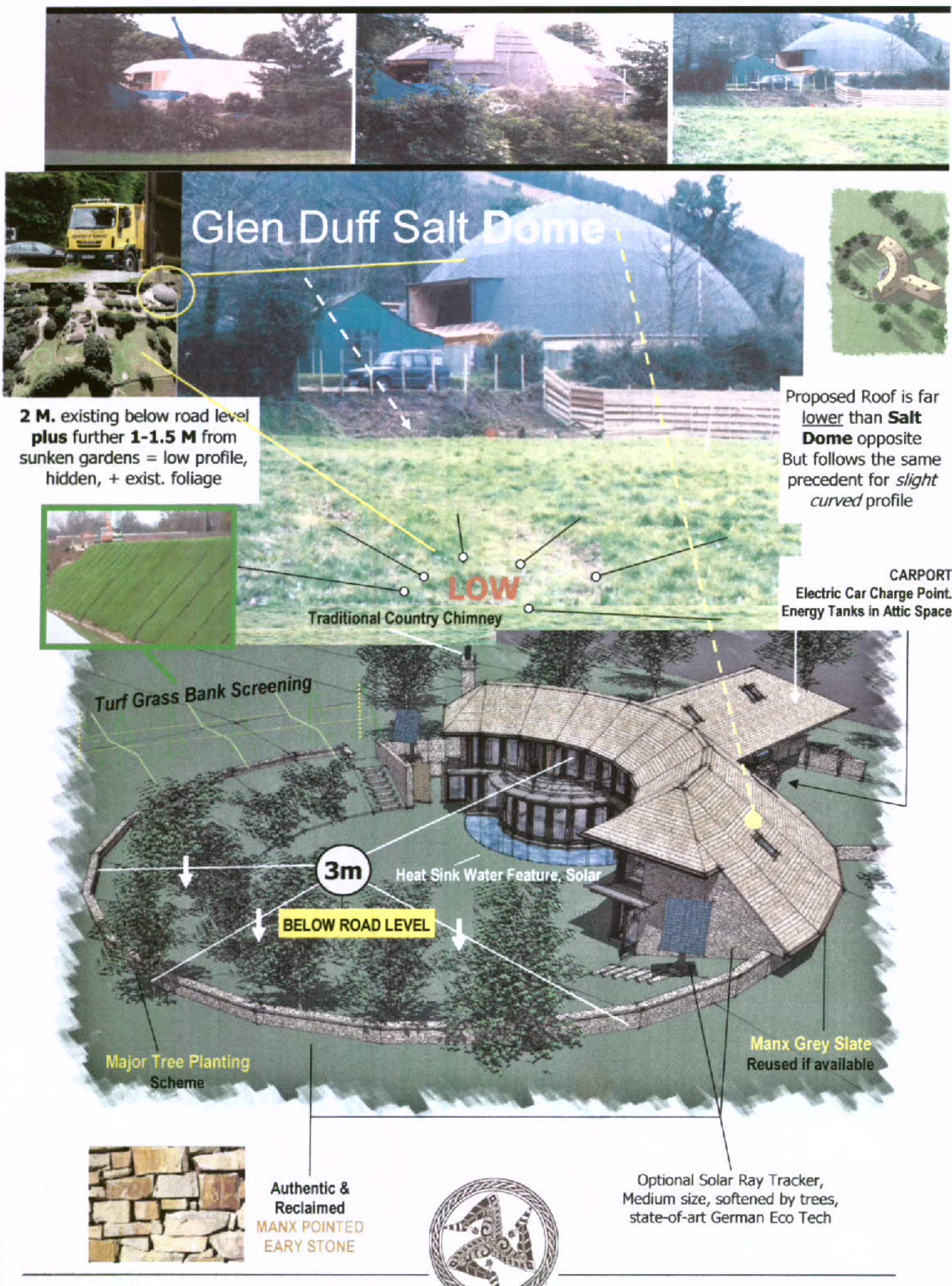 A composite planning drawing illustrating a proposed hemicycle dwelling design with sunken gardens, referencing an existing salt dome structure for context.