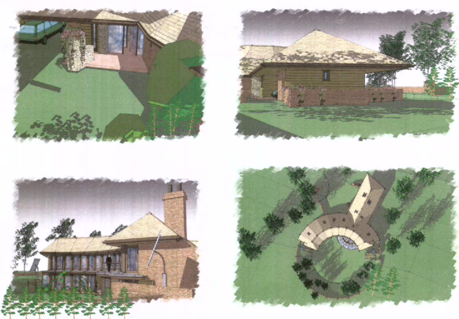 This image displays a composite sheet of architectural visualizations, including perspective views of a curved house and a top-down site plan showing the property layout.