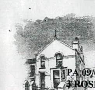 A grainy architectural sketch or elevation drawing of a two-story house with a gable end and chimney stack, featuring a planning application reference number.