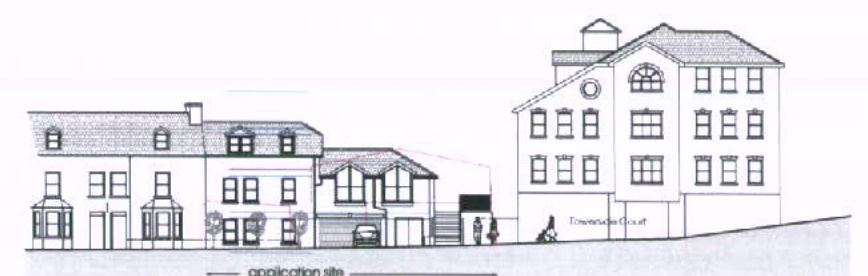 Architectural elevation drawing showing a proposed residential development alongside existing buildings on Townshend Circuit.
