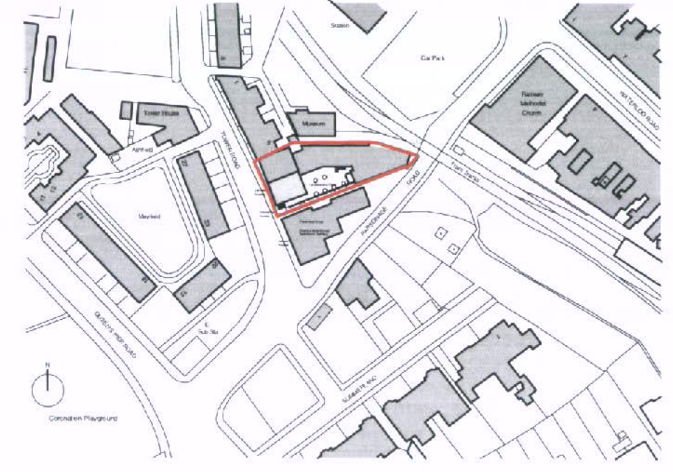A site location plan showing the proposed development site outlined in red, surrounded by existing buildings, roads, and landmarks like a museum.