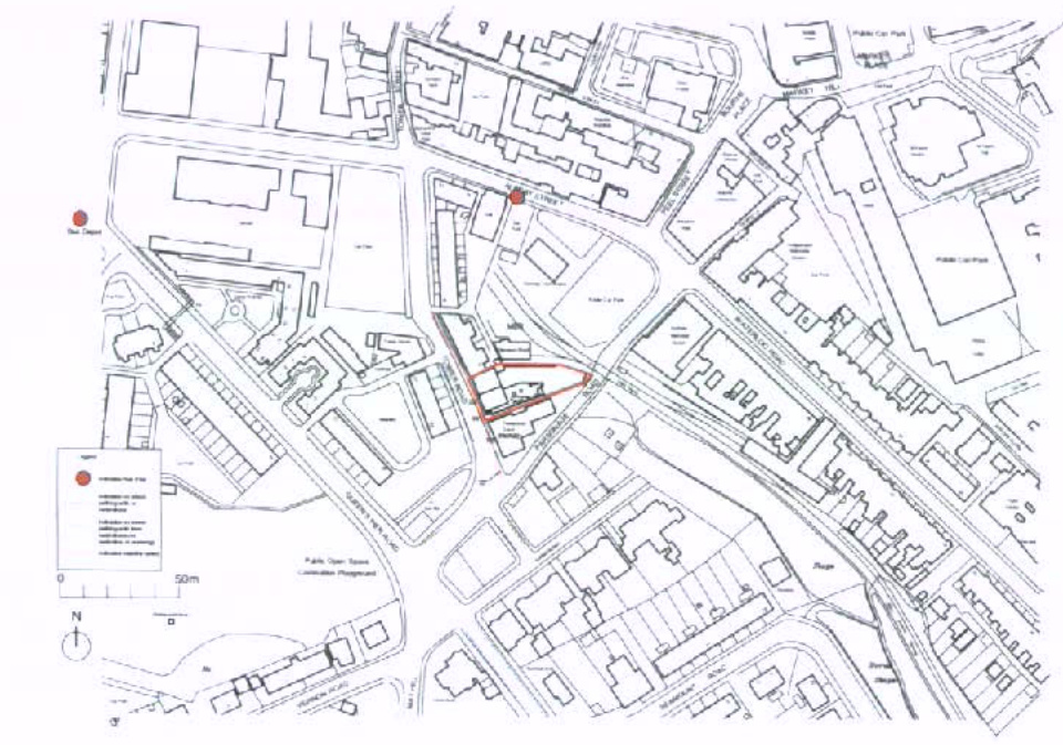 A black and white site location plan showing the proposed development site outlined in red within a built-up area, featuring a legend, scale bar, and north arrow.