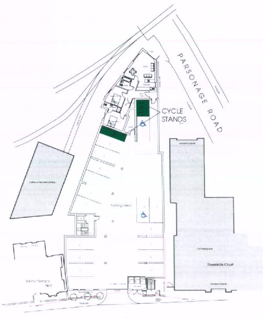 Architectural drawing showing the floor plan of the new apartment block and the layout of parking spaces and cycle stands.