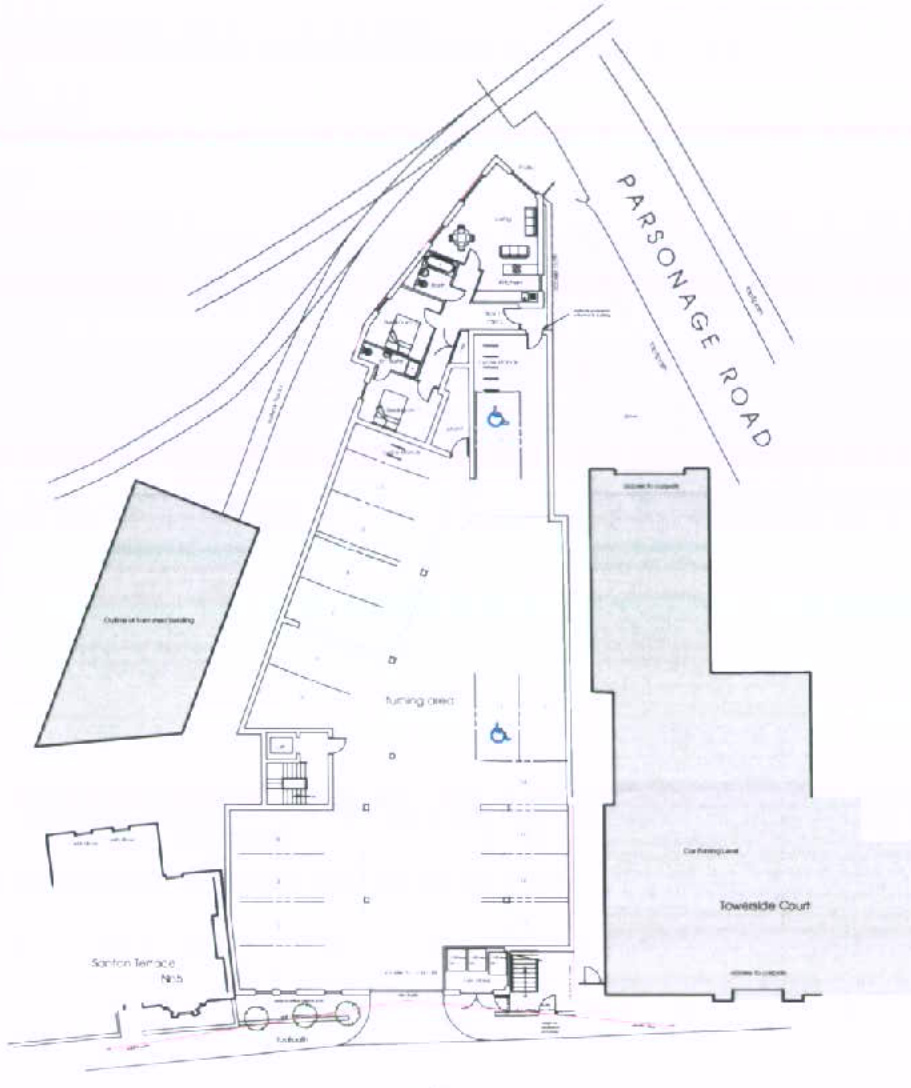 Site plan showing parking layout, turning circle, and a representative floor plan of a residential unit.