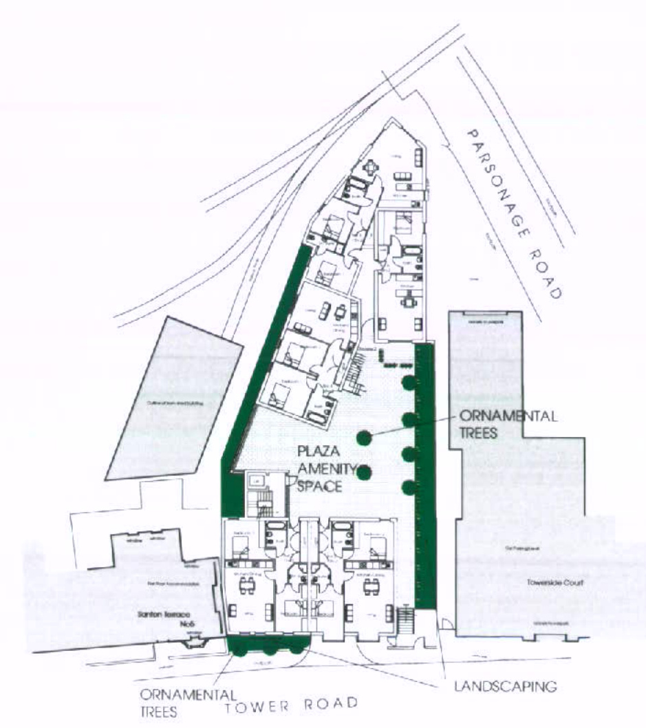 This image displays an architectural floor plan for a residential development. It shows the layout of 17 apartments, internal room arrangements, and surrounding site context including roads and landscaping.