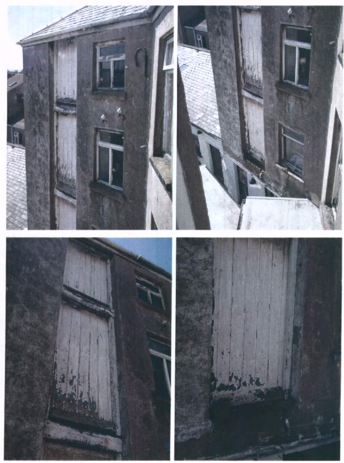 A collage of four photographs showing the weathered exterior facade of a stone building with boarded-up windows and peeling paint, likely documenting the existing condition prior to conversion.