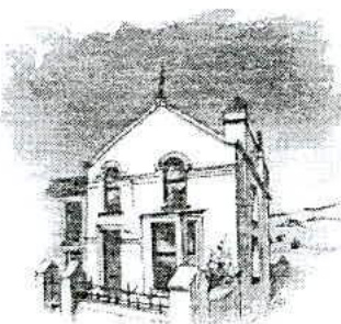 A black and white hand-drawn sketch or elevation of a two-story detached house showing the front facade, windows, and chimney.