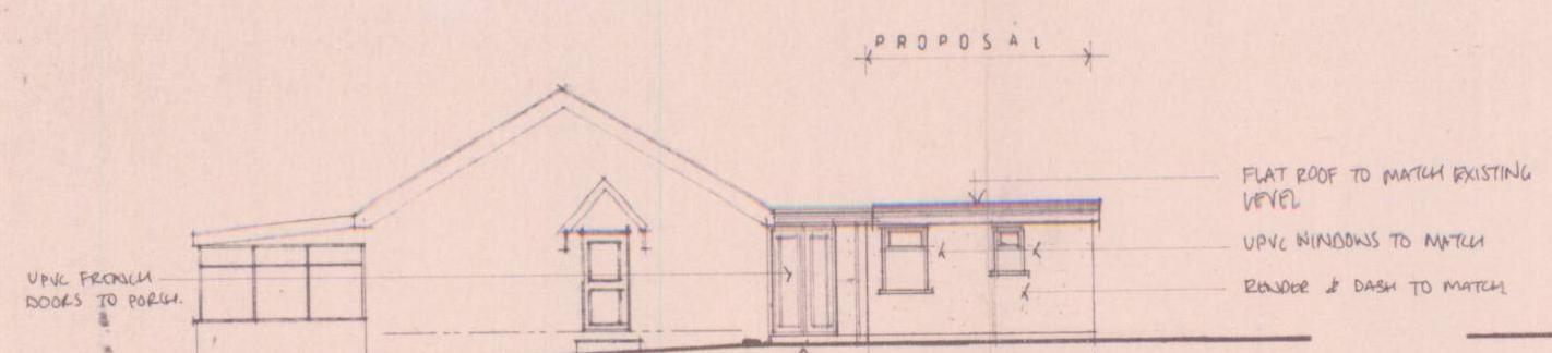 Architectural elevation drawing showing a proposed flat roof extension to a bungalow with material specifications.