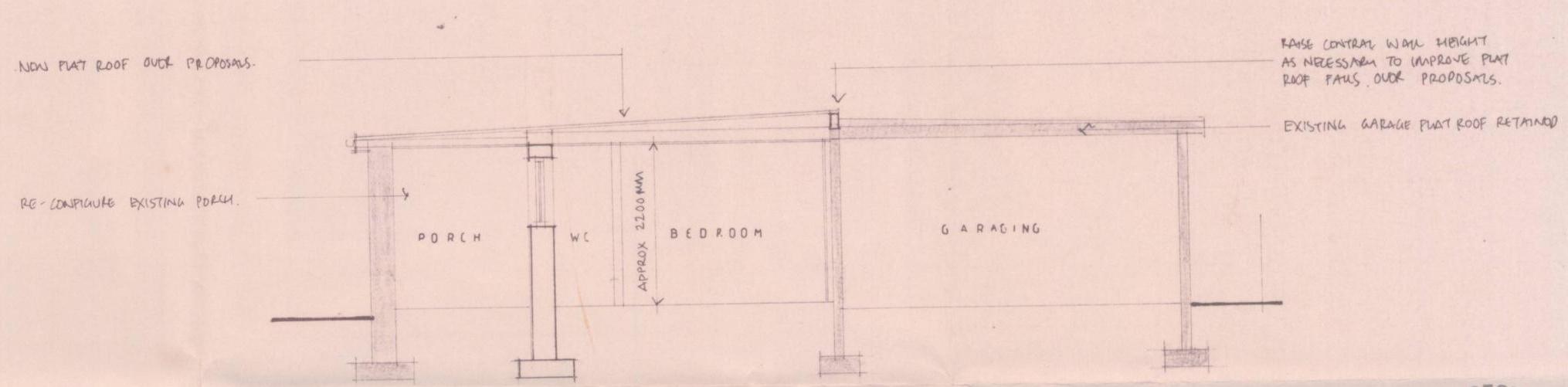 An architectural elevation drawing showing a proposed extension with a new flat roof, re-configured porch, and garage area.