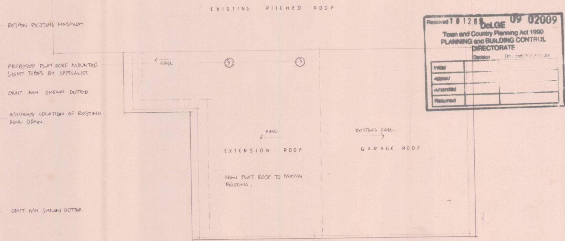 Architectural drawing detailing a proposed roof extension with annotations for existing pitched and new flat roofs.