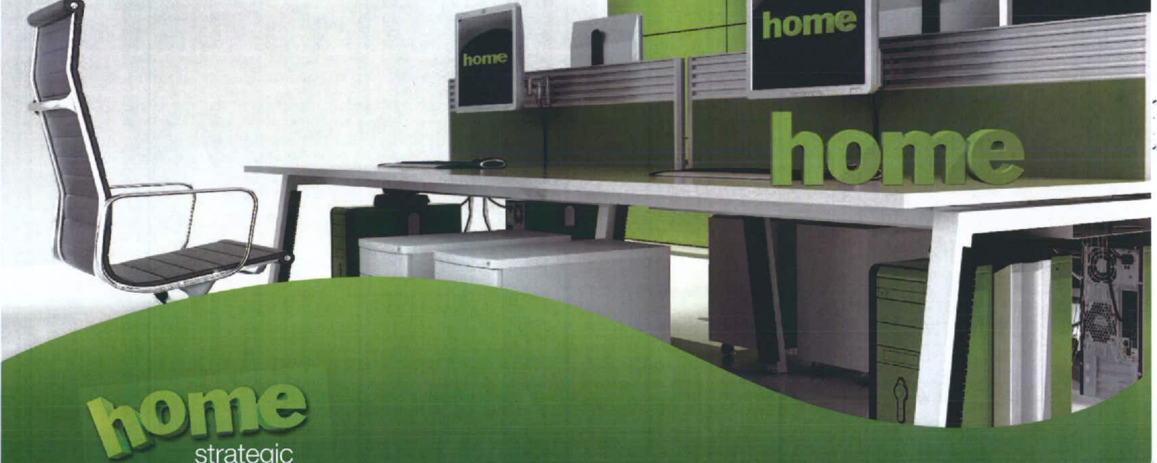 The image displays an interior view of an office space featuring desks, computer monitors, and a large office chair. Green branding with the word 'home' is visible on the desk dividers and foreground.