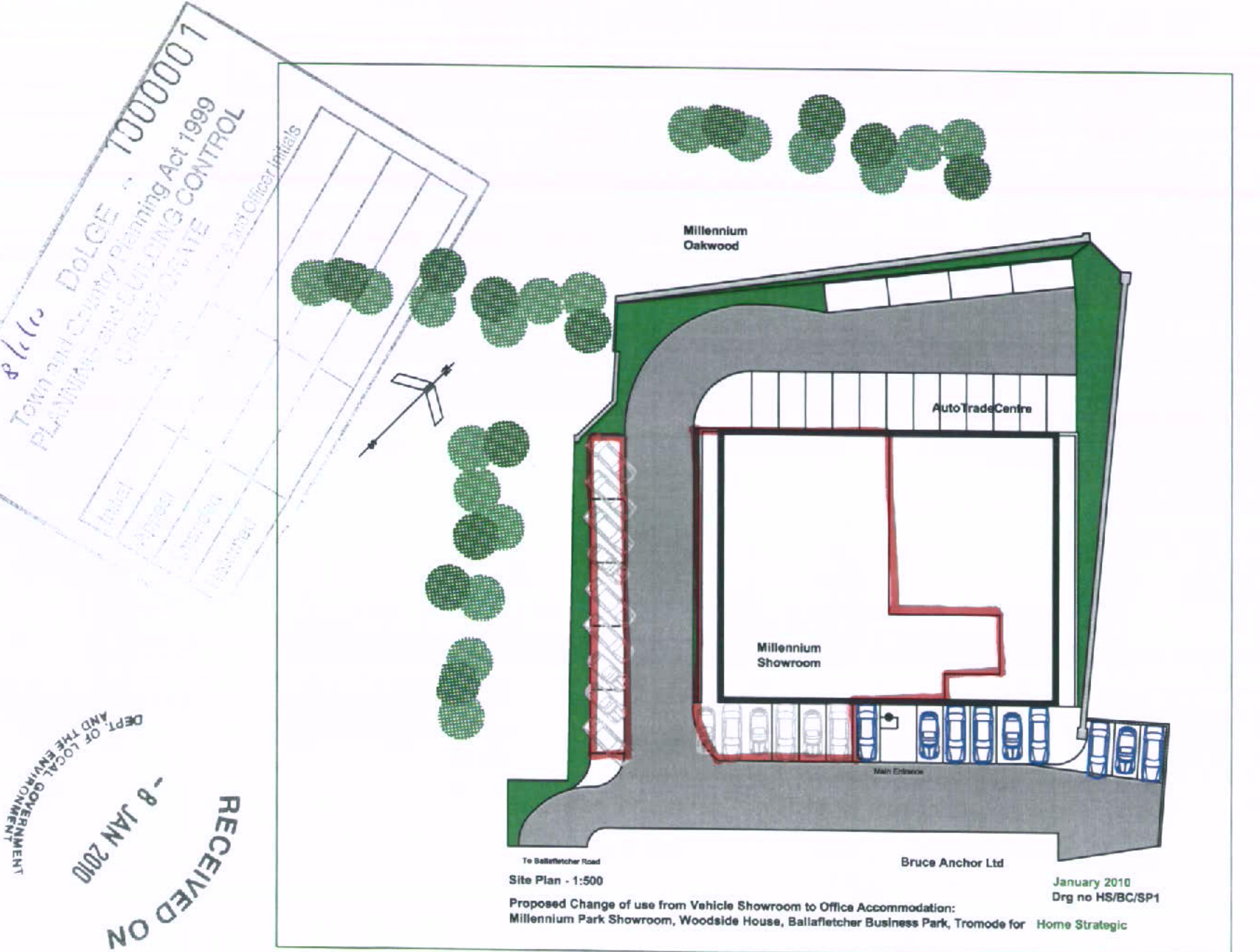 A site plan illustrating the layout of the Millennium Showroom and AutoTrade Centre, detailing parking spaces, access roads, and landscaping features.