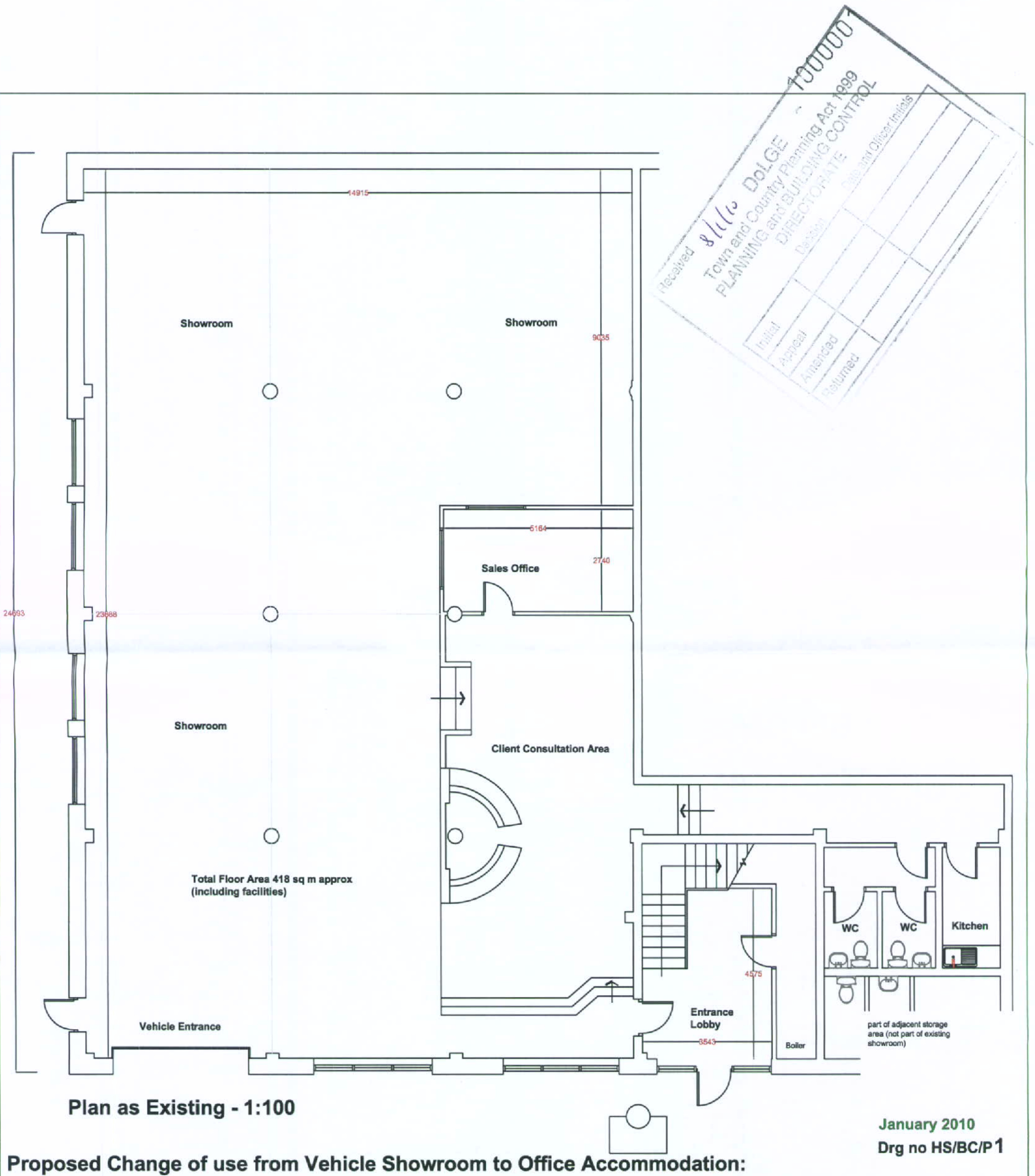 Architectural floor plan showing the existing layout of a vehicle showroom with designated areas for sales, consultation, and facilities.