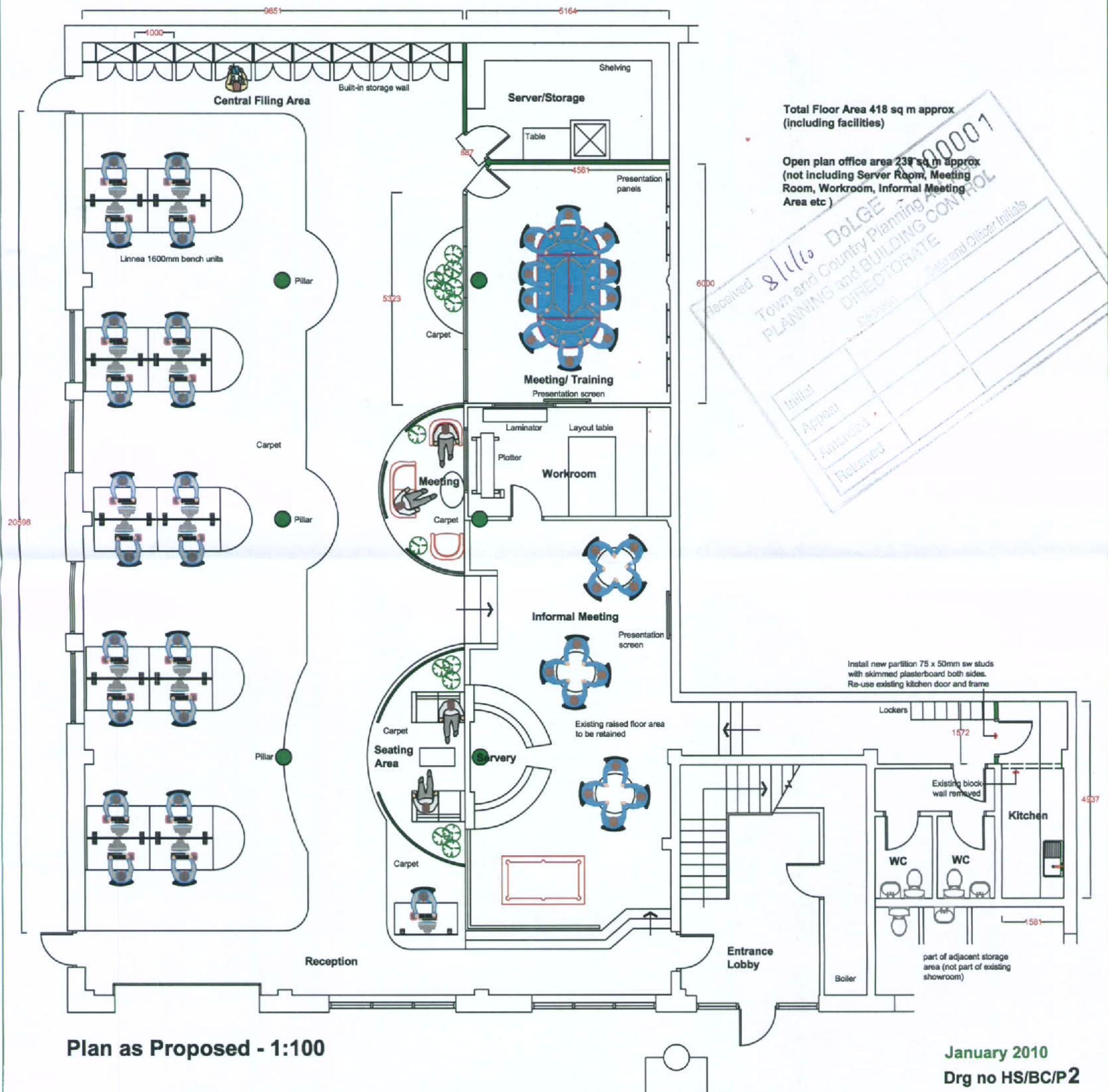 This image shows a detailed architectural floor plan for a proposed office layout, featuring labeled rooms like meeting areas, workspaces, and a kitchen. It includes furniture placement, dimensions, and a planning app...