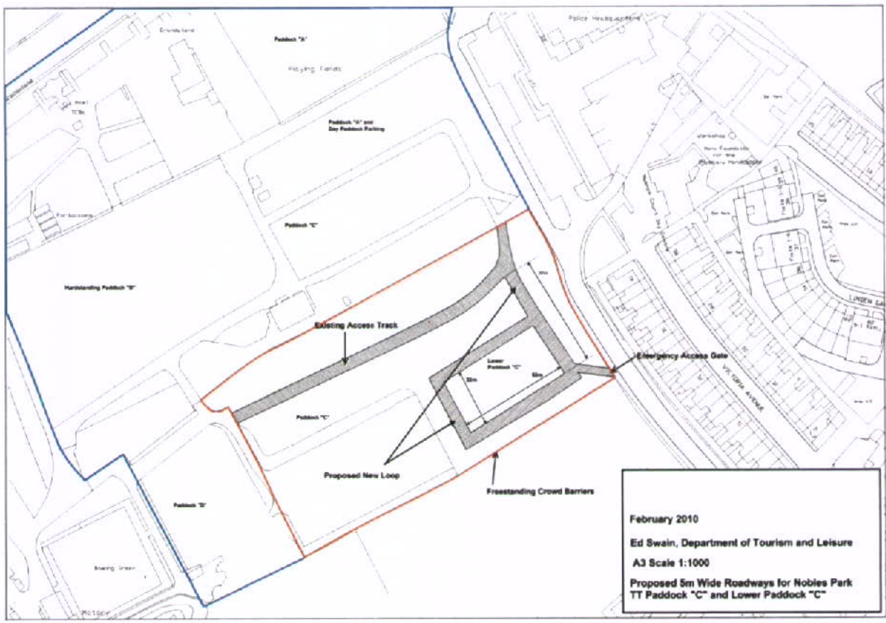 A black and white site plan showing proposed roadways, access tracks, and paddock layouts for Nobles Park.