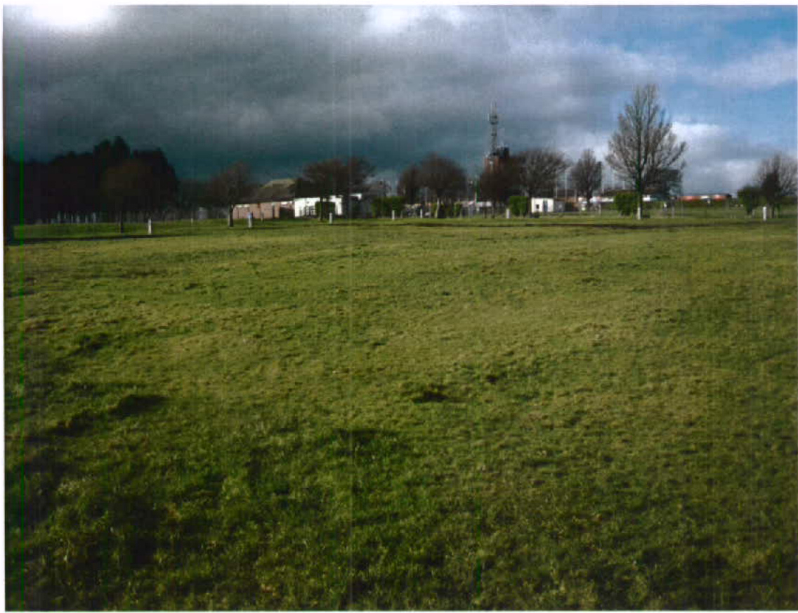 A photograph showing a large expanse of green grass or a paddock with trees and buildings visible in the distance under a cloudy sky.