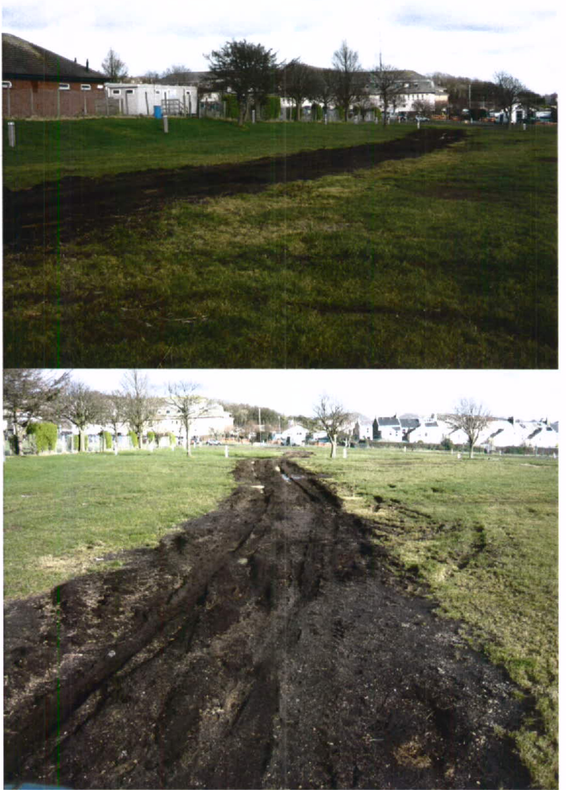Two photographs showing a grassy field with a newly formed muddy track or road running through it. The bottom image provides a close-up view of the dirt path with tire marks, while the top shows the track extending to...