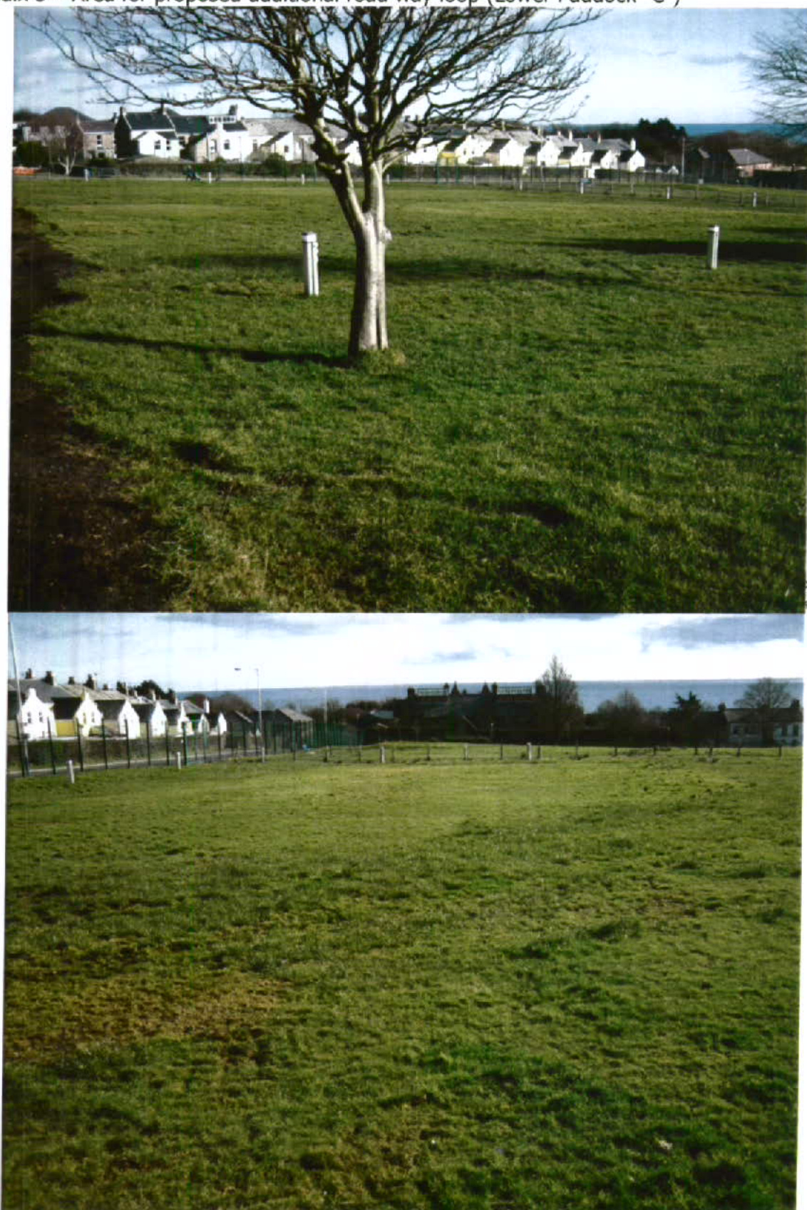Two photographs showing a grassy field or paddock with a tree in the foreground and residential houses and the sea in the background.