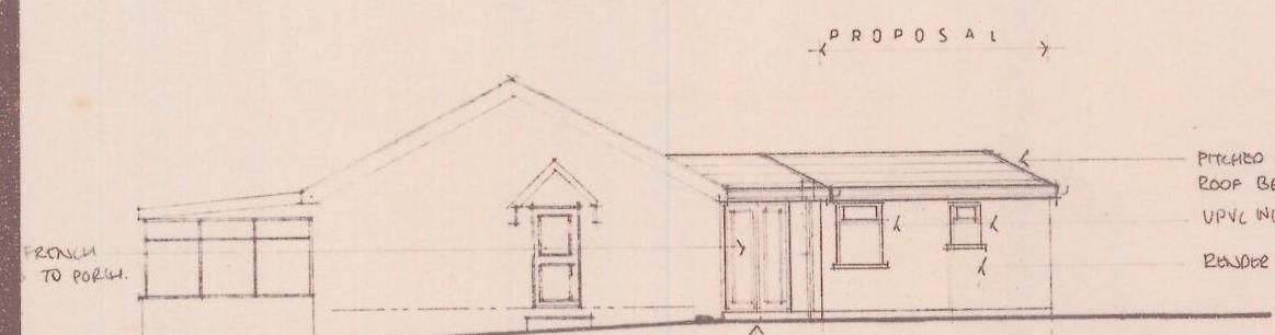 This image shows a hand-drawn elevation sketch of a proposed building extension. It illustrates a pitched roof section connected to a flat-roofed addition with windows and a door, annotated with material specifications.