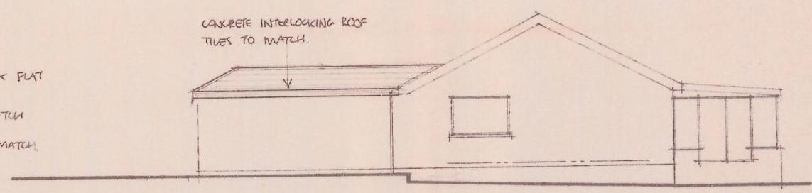 Architectural elevation drawing showing a single-storey flat-roofed extension attached to a pitched roof house, with handwritten notes about roof tiles.